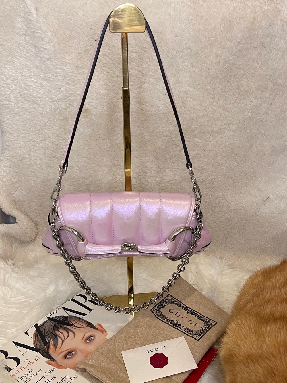 EUC Gucci Horsebit Chain Shoulder Bag Pink Iridescent Vertical Matelasse Quilted